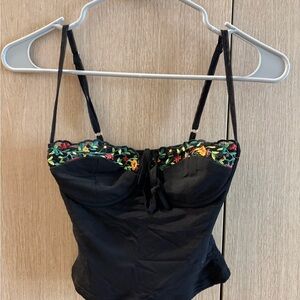 Princess Polly Black Bustier Camisole with Multicolor Floral Embroidery